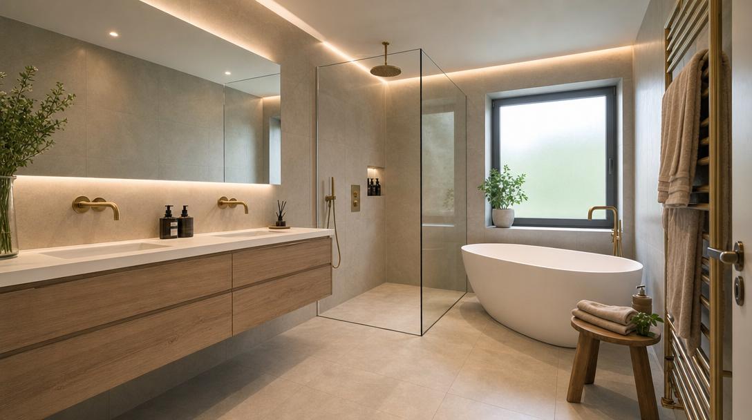 Modernes Bad nach Komplettsanierung mit bodengleicher Dusche und Waschtischanlage