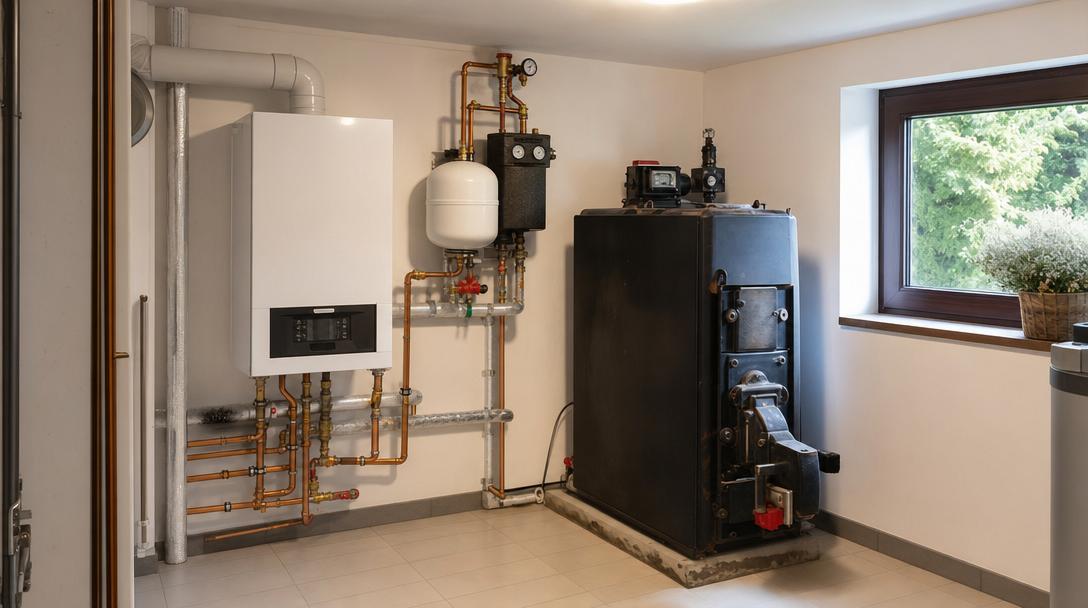 Alte Ölheizung neben moderner Wärmepumpe, Vorher-Nachher-Vergleich