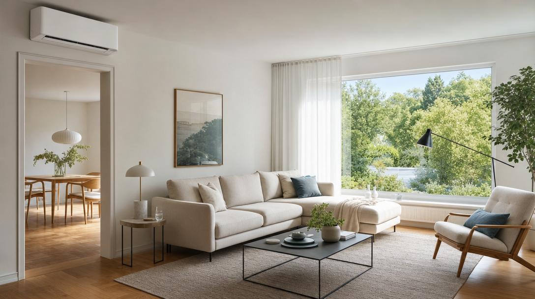 Moderne Split-Klimaanlage an der Wand eines Wohnzimmers