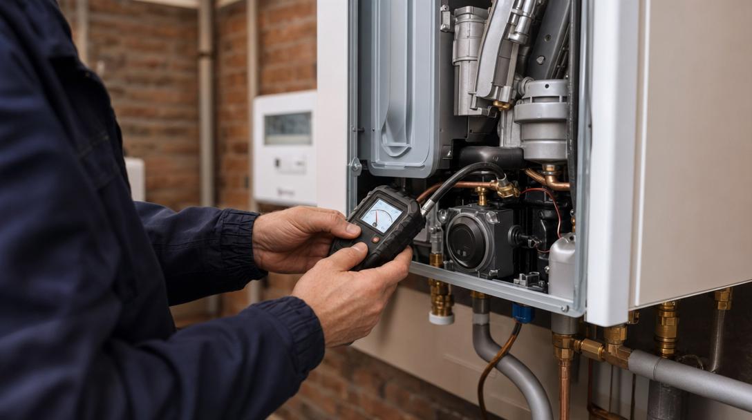 Techniker bei der Wartung einer Luft-Wasser-Wärmepumpe